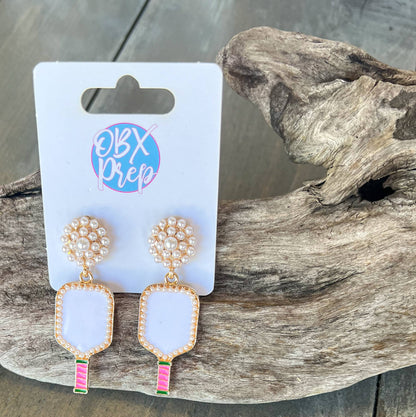 Jenny Pickleball Enamel and Pearl Dangle Earrings: White