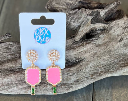 Jenny Pickleball Enamel and Pearl Dangle Earrings: Pink