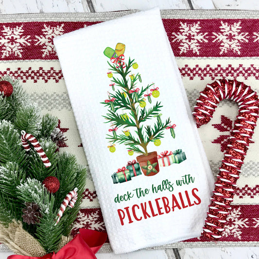 Deck the Halls Pickleball Towel, Pickleball Towel Gift: Transparent Cellophane Sleeve